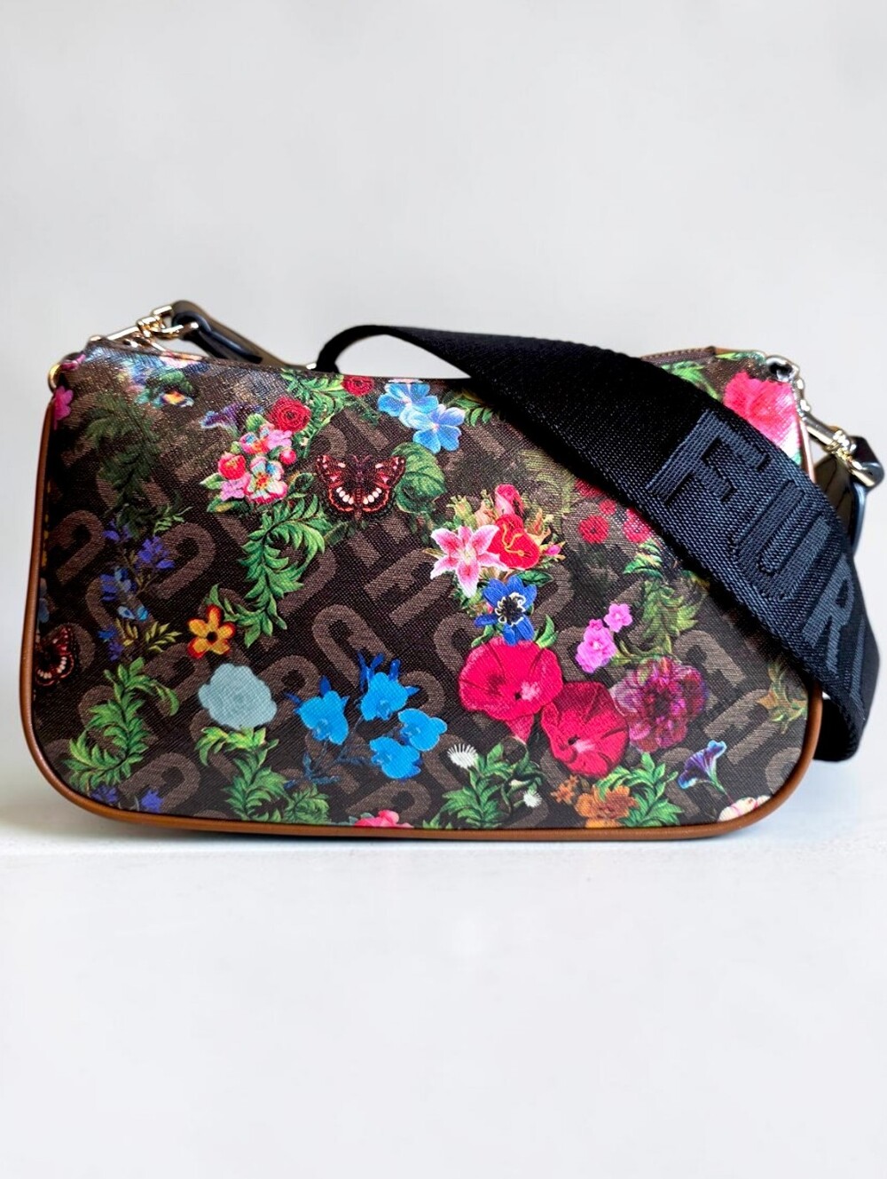 Furla Floral Monogram Shoulder Bag with Wide Strap